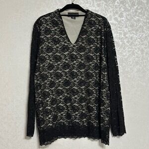 Dialogue Floral Lace Overlay V-Neck Lined Long Sleeve Blouse Black Gothic 2X